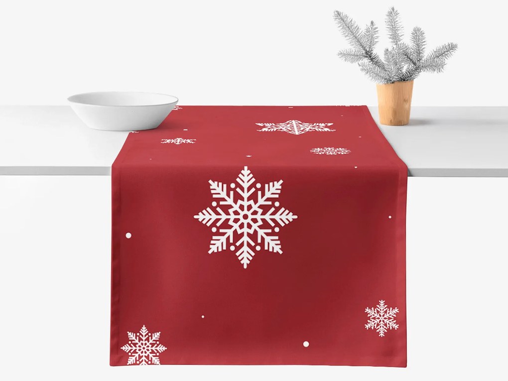 Goldea pamut asztali futó - hópelyhek piros alapon 50x120 cm