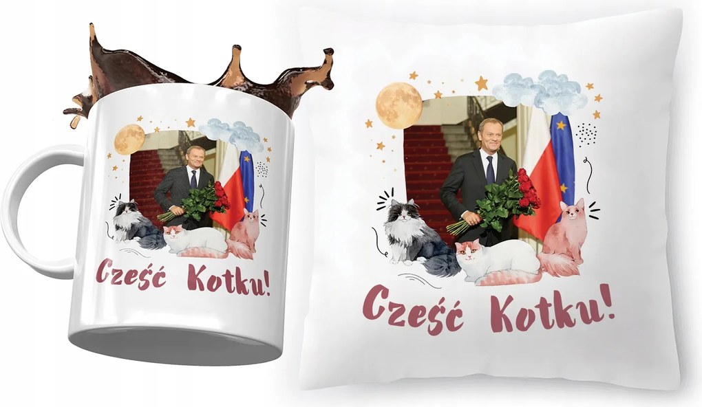 Donald Tusk Po párna bögre szett Ajándék fényképes nyomtatással