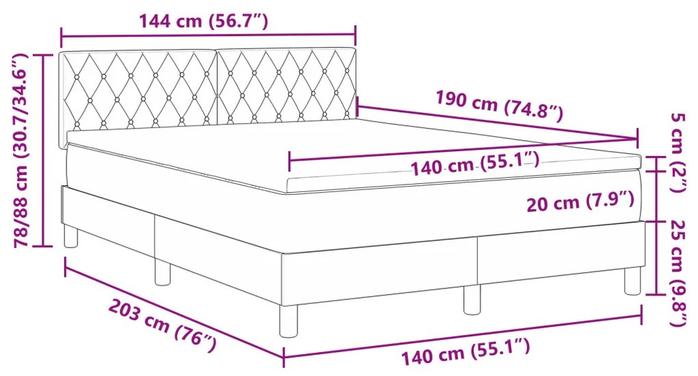 Boxspring Ágy Matrac Tiszta Szürke 140x190 cm Bársony