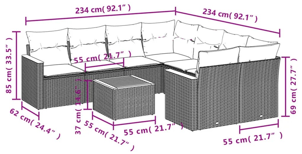 9 részes fekete polyrattan kerti ülőgarnitúra párnákkal