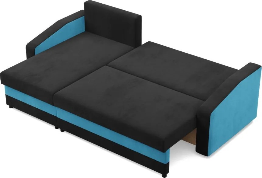 Hewlet sarokkanapé, 2 ágyneműtartóval, szövet anyag, univerzális oldal, bonell töltet, fekete - kék