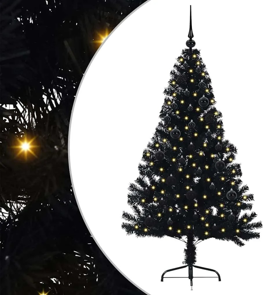 vidaXL Mesterséges, előre világított karácsonyi fa Fekete 150 cm PVC
