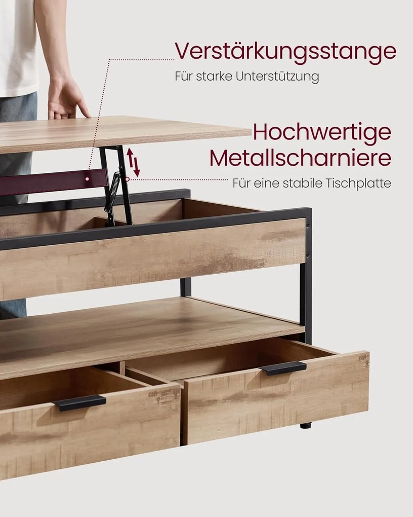 Magasságban állítható dohányzóasztal, 50 × 100 cm, karamellbarna–tintafekete színben