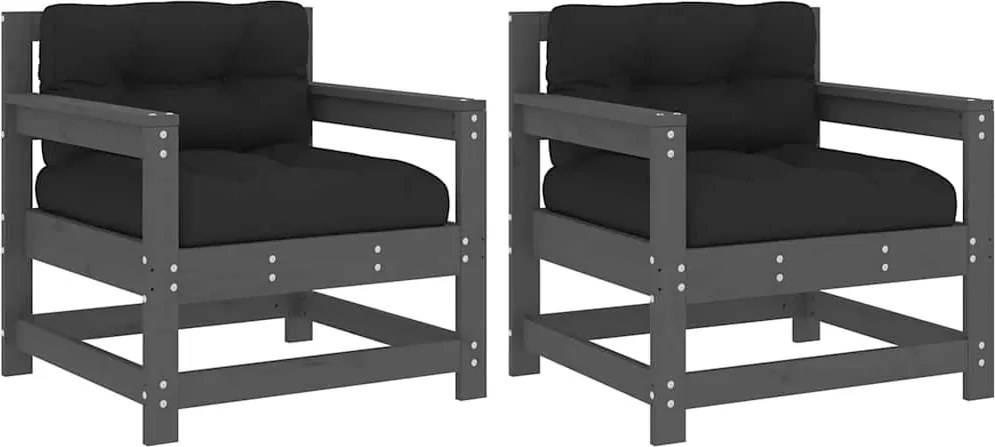 vidaXL 2 db szürke tömör fenyőfa kerti szék párnákkal