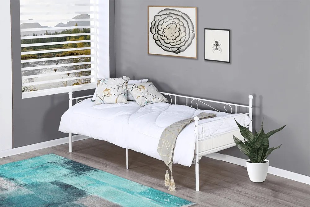 Fém kanapé - egyszemélyes ágy, fehér, 90x200 cm