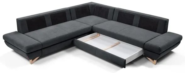 Kihúzható, kárpitozott L-alakú sarokülőgarnitúra praktikus tárolóhellyel AVESTA, antracit