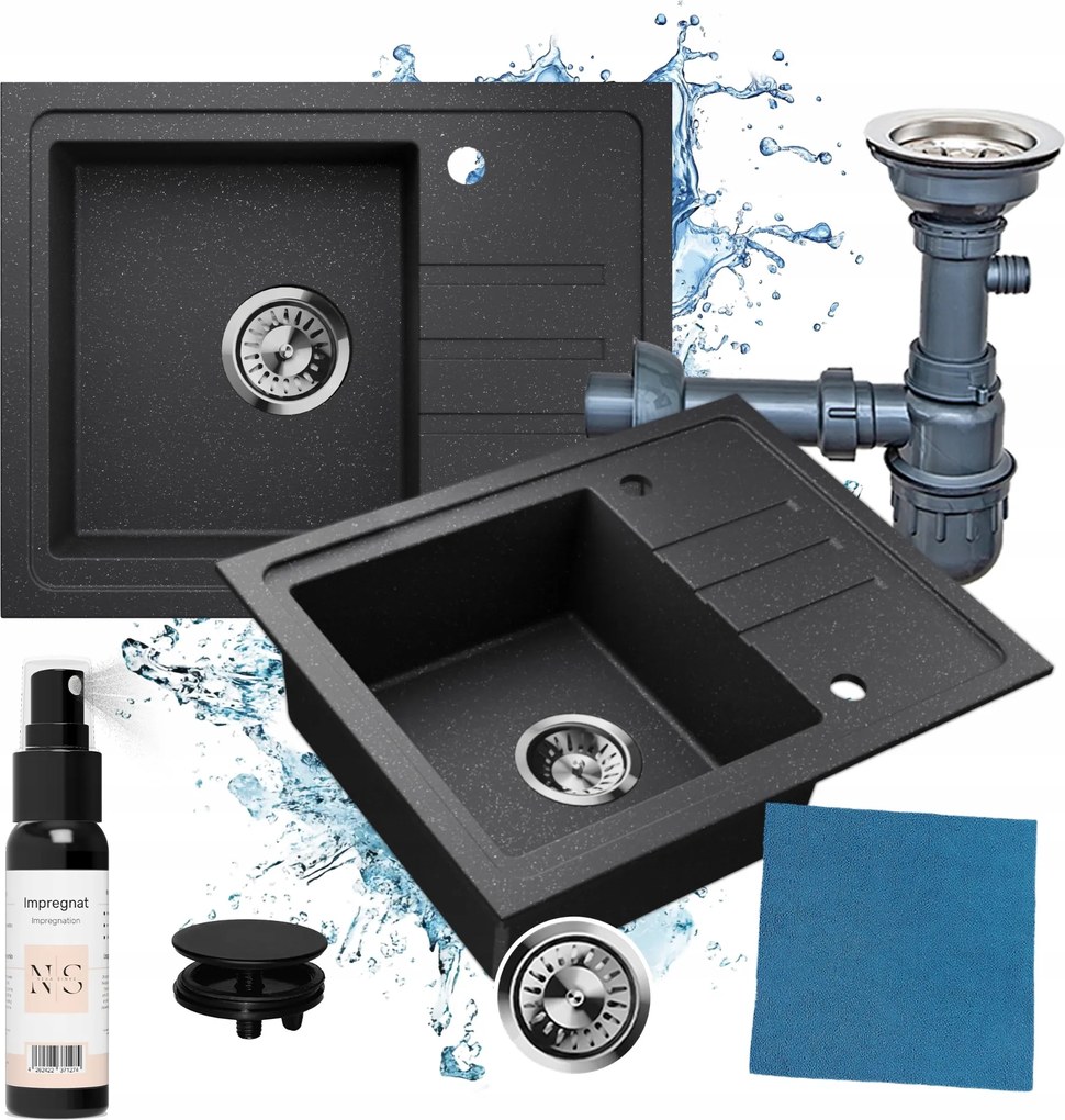 Gránit mosogató egymedencés konyhai mosogató fekete szifon Luca 1.0s