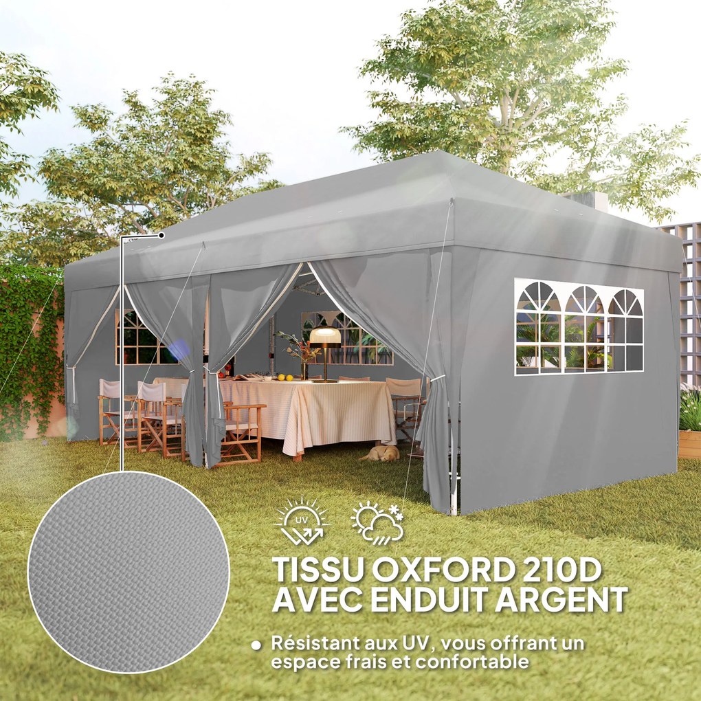 Outsunny Kültéri Kert Pavilon 3 x 6 m Összecsukható Pergola 6 Oldalfallal, Leeresztő Nyílásokkal, Szállítótáskával, Összecsukható Napernyő Esküvői és