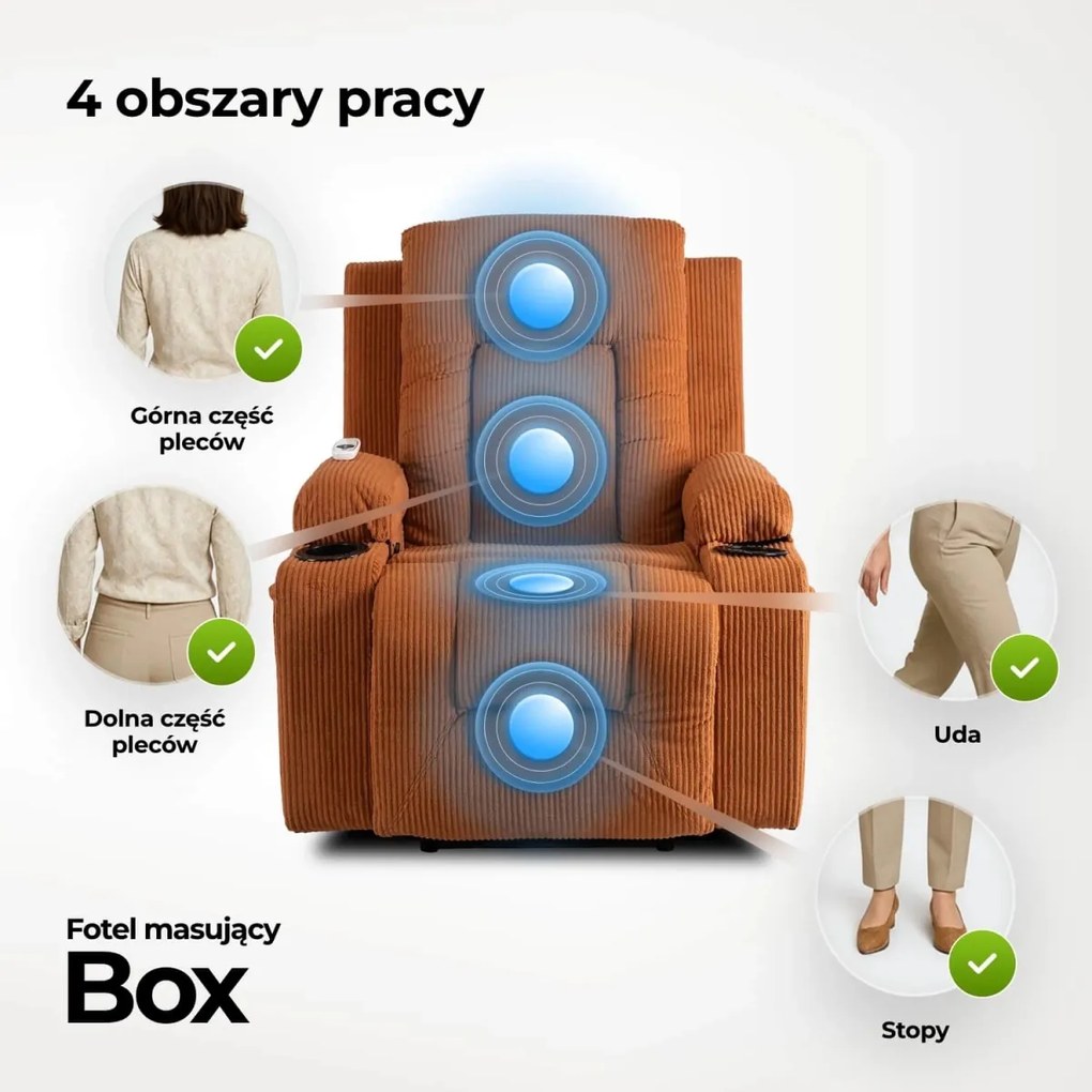 Masszírozós dönthető fotel vörösesbarna színben, kordbársony kárpittal BOX