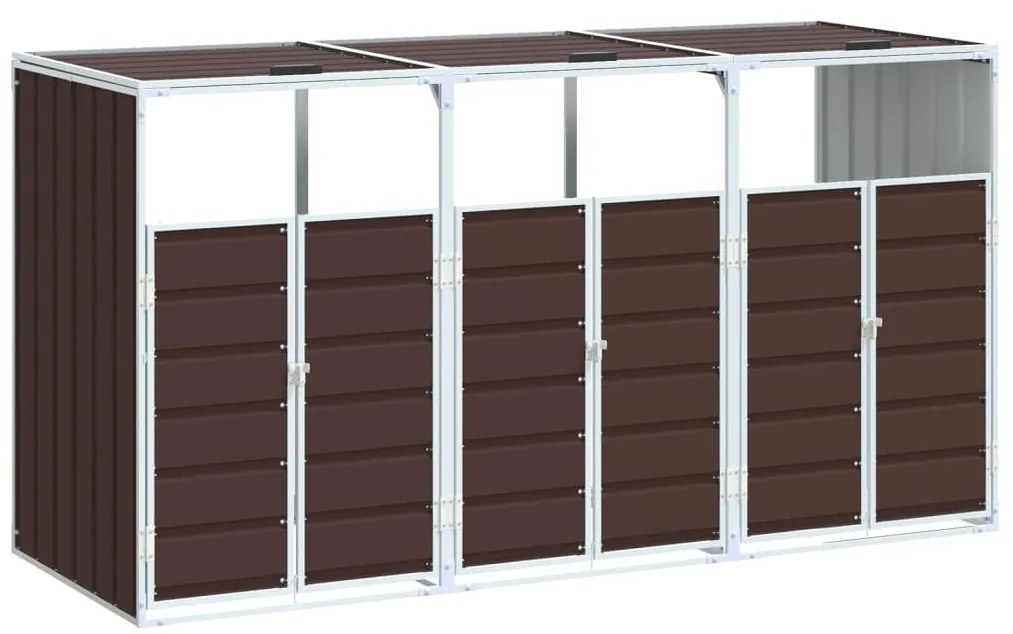 barna acél kerekes szemetes tároló 3 szemeteskukához 216 x 81 x 115 cm