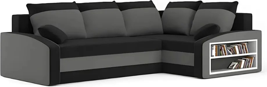 Grande sarokkanapé polcokkal , polc a jobb karfaban, jobboldali, szövet anyag, bonell töltet, fekete - szürke