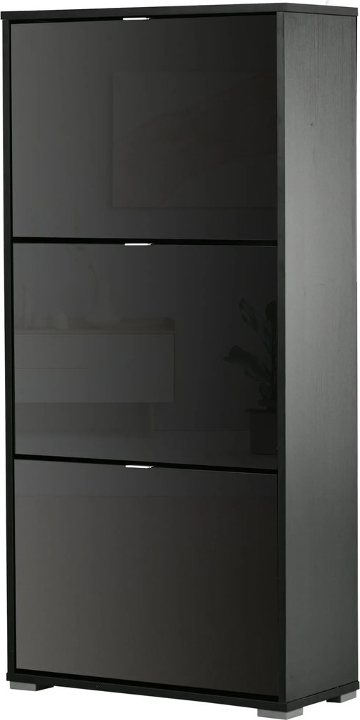 HOMCOM Cipőszekrény - Cipőtartó 3 Hajtható Ajtóval, 3 Fakkal - Fényes Fekete, 60L x 26W x 124H cm | Aosom