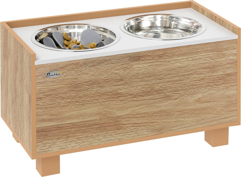 PawHut Emelt Kutya Etető, Kivehető Lassító Etetővel és Tárolóhelyes Tálakkal Nagy Kutyák Számára, 2x2 L Rozsdamentes Acél Etető és Italos Tölgyben | A