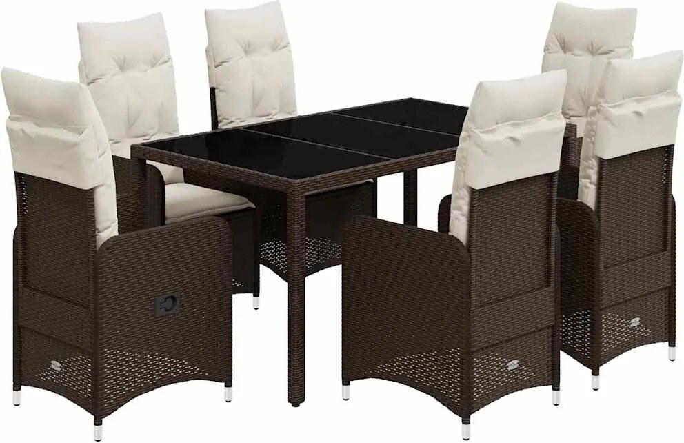 vidaXL 7 részes barna polyrattan kerti bisztrógarnitúra párnákkal