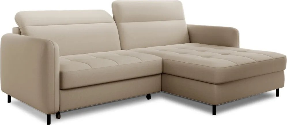 Bézs bársony kinyitható-tárolóhelyes sarokkanapé (jobb oldali-heverő résszel) Gomsi – ELTAP
