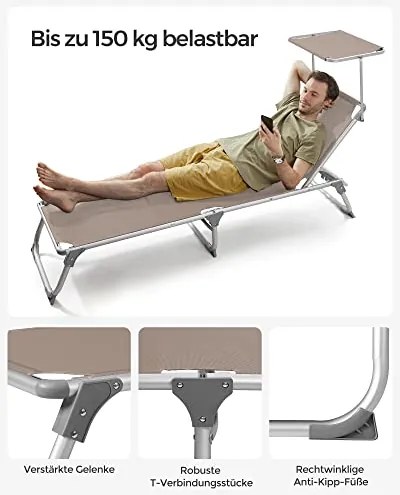 Napozóágy, napernyővel, állítható háttámlával, összecsukható, 55 x 193 x 31 cm, terhelhetőség 150 kg, bézs