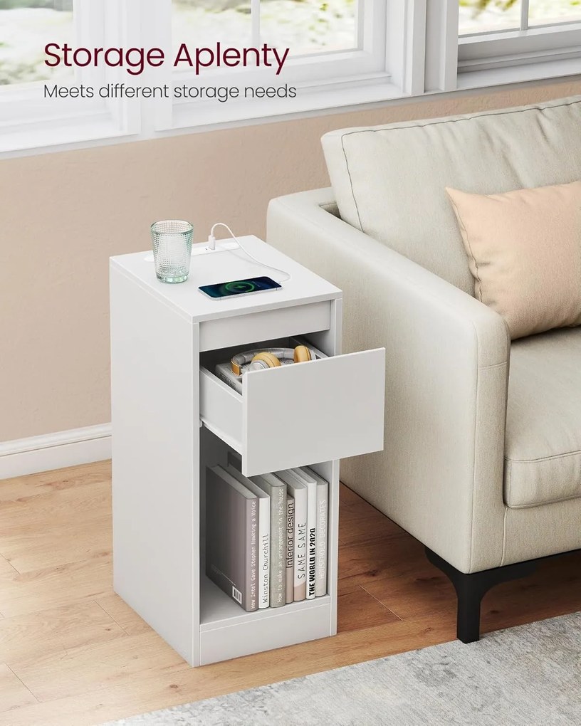 Keskeny éjjeliszekrény töltőállomással és LED-fénnyel, USB portokkal, fehér