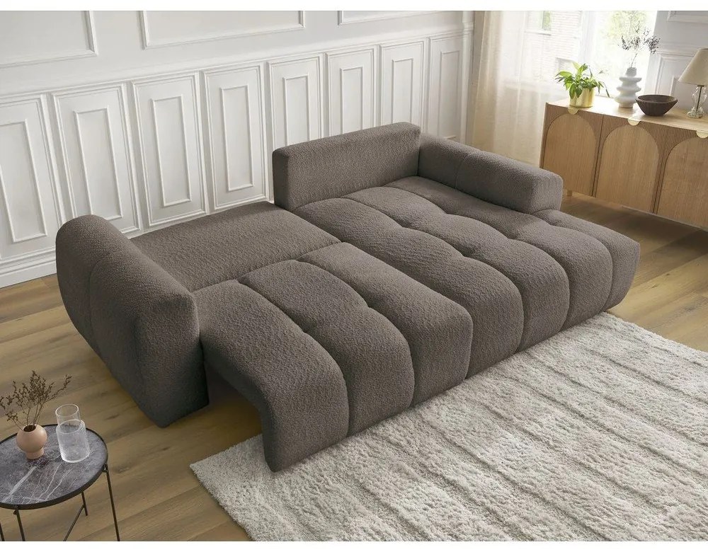 Barna buklé kinyitható-tárolóhelyes sarokkanapé (jobb oldali-heverő résszel) Roxelane – Bobochic Paris