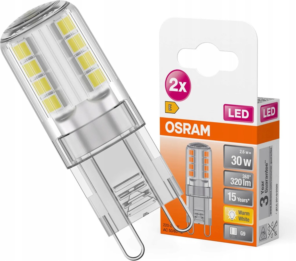 2x Led izzó Kapszula G9 2.6W 30W 320lm 2700K Meleg 300° Led Pin Osram