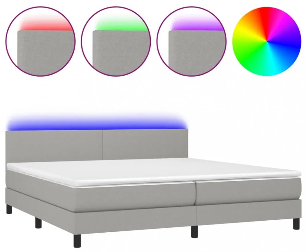 világosszürke szövet rugós és LED-es ágy matraccal 200x200 cm