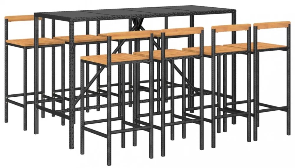 vidaXL 9 részes fekete polyrattan és tömör akácfa kerti bárszett
