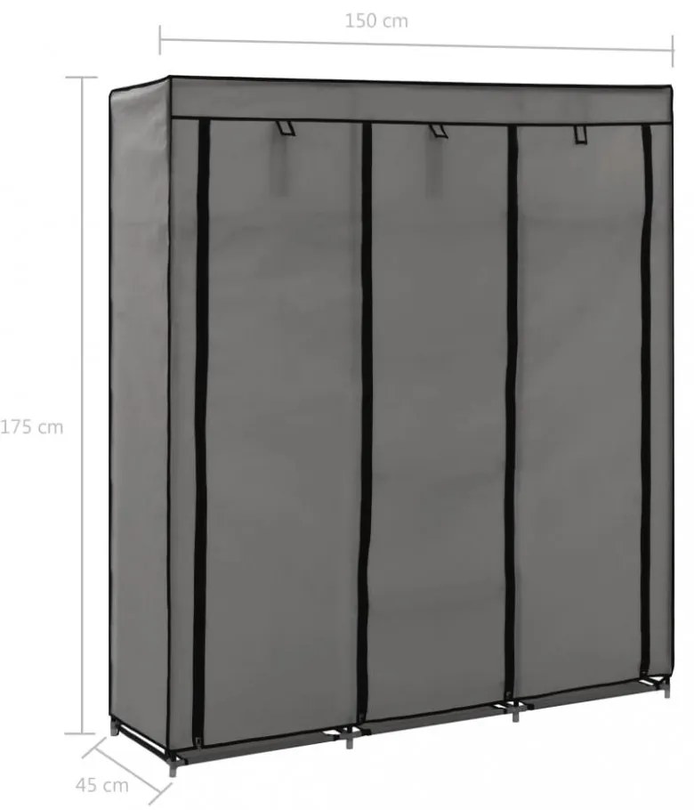 szürke szövet ruhaszekrény rekeszekkel és rudakkal 150x45x175cm
