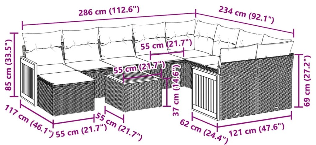 11 részes fekete polyrattan kerti ülőgarnitúra párnákkal