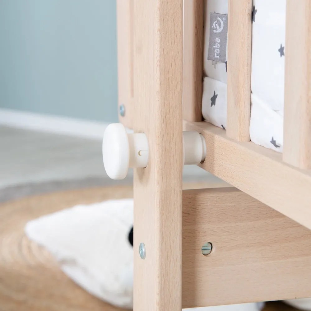 Natúr színű bükkfa gurulós-baldachinos bölcső 40x90 cm – Roba