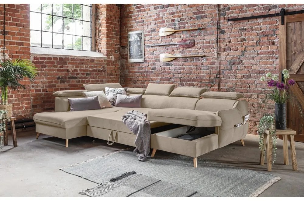 Bézs bársony kinyitható sarokkanapé (bal oldali-"U" alakú) Sweet Harmony – Miuform