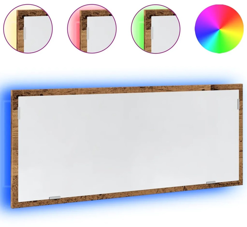 antik fa színű szerelt fa LED-es fürdőszobatükör 100x8,5x37 cm