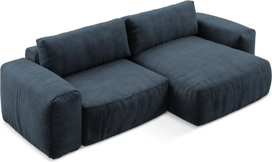 Sötétkék zsenília kinyitható sarokkanapé (jobb oldali-heverő résszel) Kuki – Makamii
