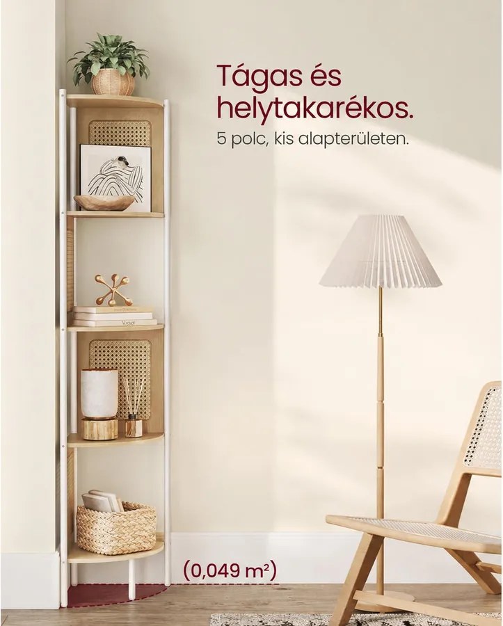 5 szintes sarokpolc, könyvespolc polirattan oldalakkal, 156x32x32 cm, tölgy bézs