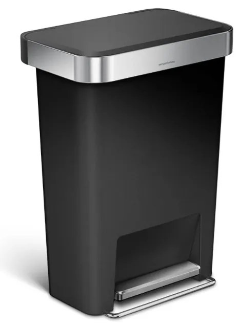 Négyszögletű pedálkosár 45 l, fekete műanyag / rozsdamentes acél, fekete