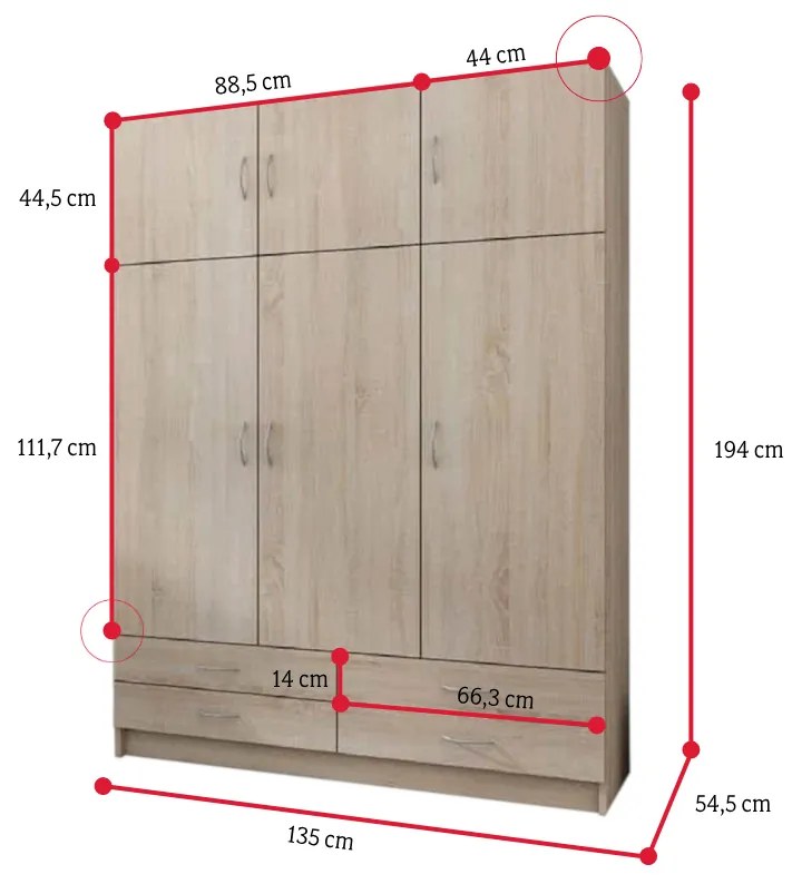 ANIMAL ruhásszekrény, 135x194 cm, sonoma tölgy