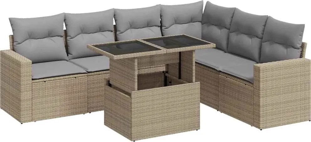 vidaXL 7 részes bézs polyrattan kerti ülőgarnitúra párnákkal