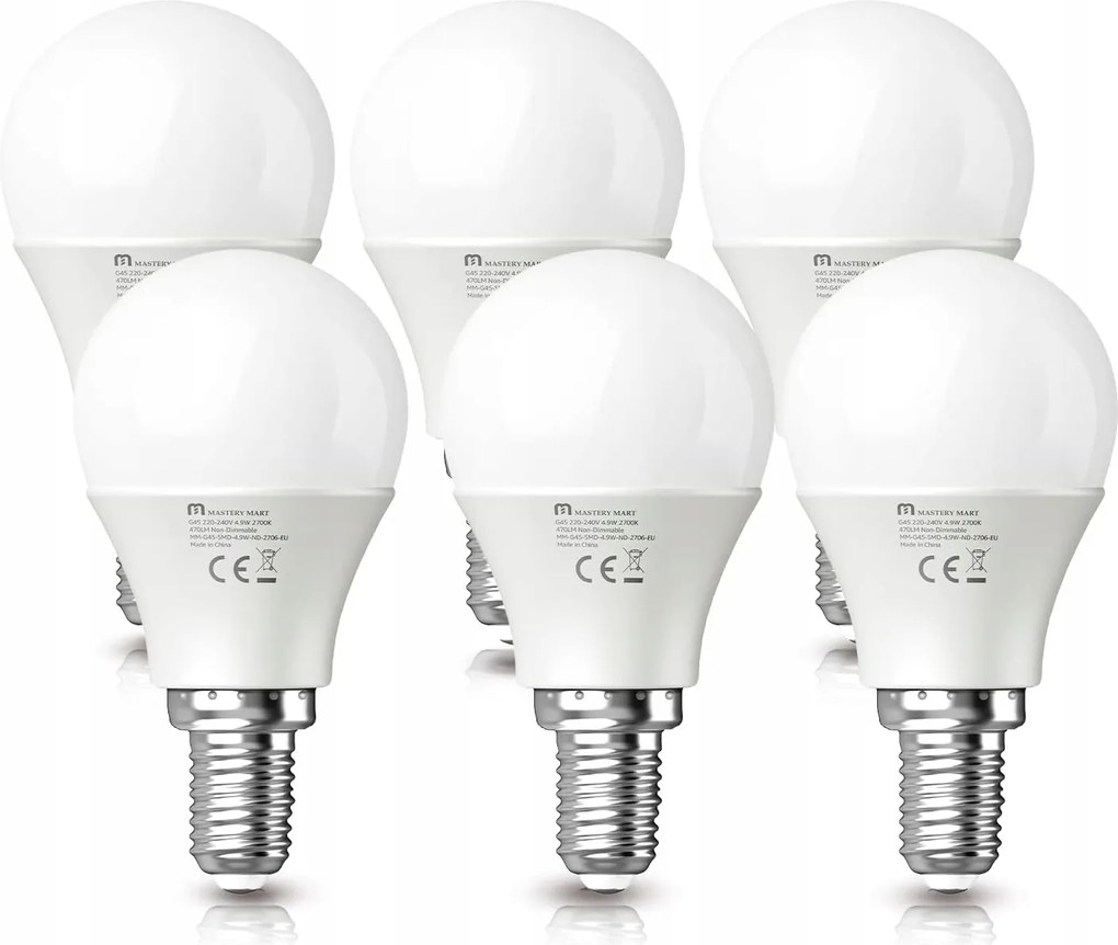 6 db E14 Led G45 tejüveg izzó, 4,9W 40W, 2700K, 470lm, meleg fehér, gömb