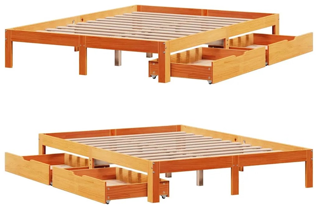 viaszbarna tömör fenyőfa ágykeret fiókokkal 120 x 200 cm