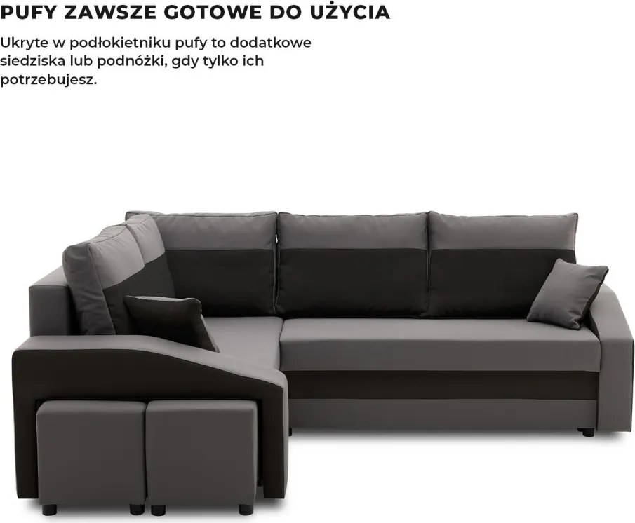 Grande sarokkanapé polcokkal és puffokkal , polc a jobb karfaban puffok a bal karfaban, baloldali, szövet anyag, hab töltet, szürke - fekete