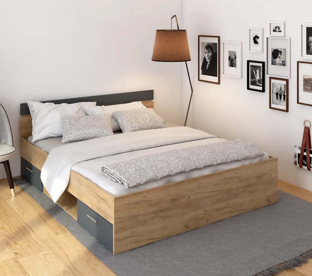 Ágykeret, 160x200, artisan tölgy/grafit, MICHIGAN NEW