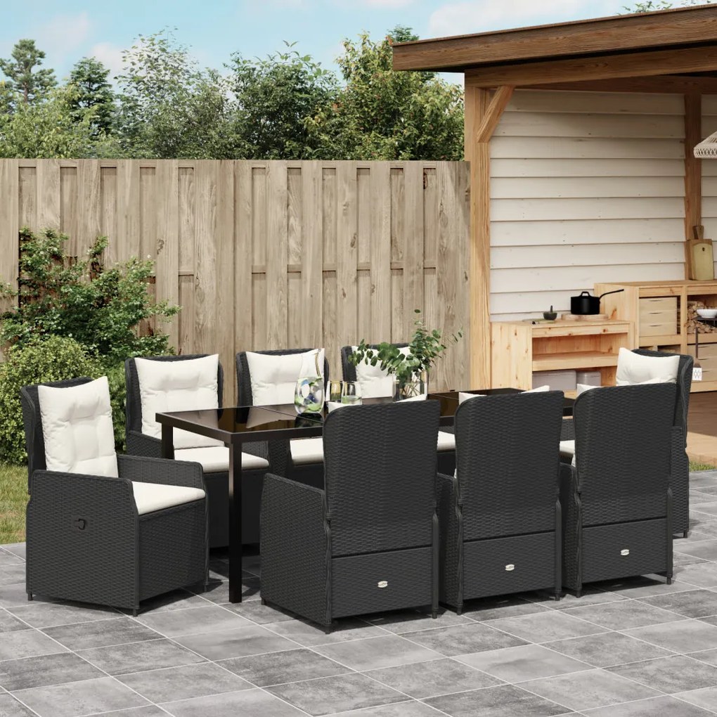 9 Darabos Kert Étkező Szett Fekete Poly Rattan, Kert Asztal Fekete 200x80x73 cm Edzett Üveg