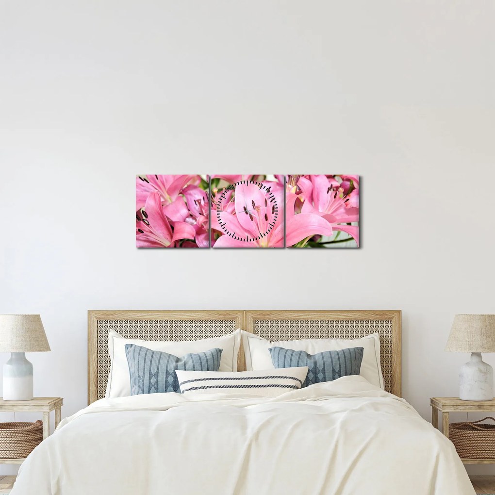 Kép - Rózsaszín liliomok (órával) (90x30 cm)