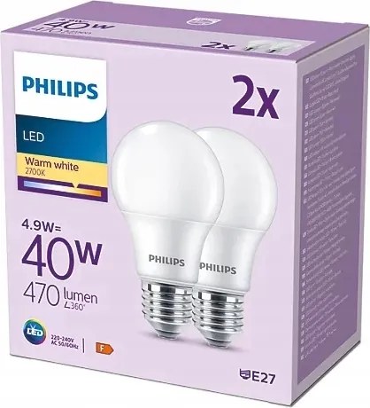2 db-os Led izzó szett E27 A60 4.9W 40W 470lm 2700K Meleg 180° Philips