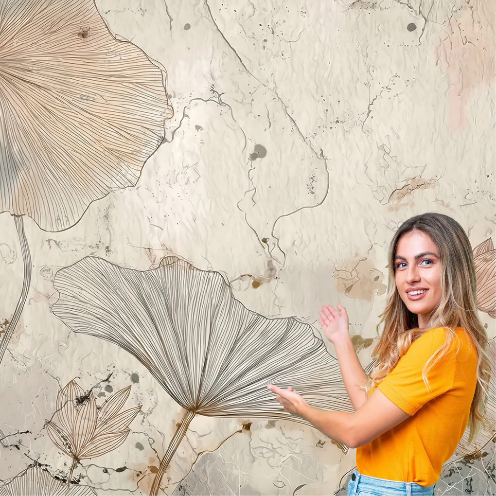 3D fotótapéta Nappali Hálószoba Boho Fű Levelek Beton Loft 294x260 BKLB07W