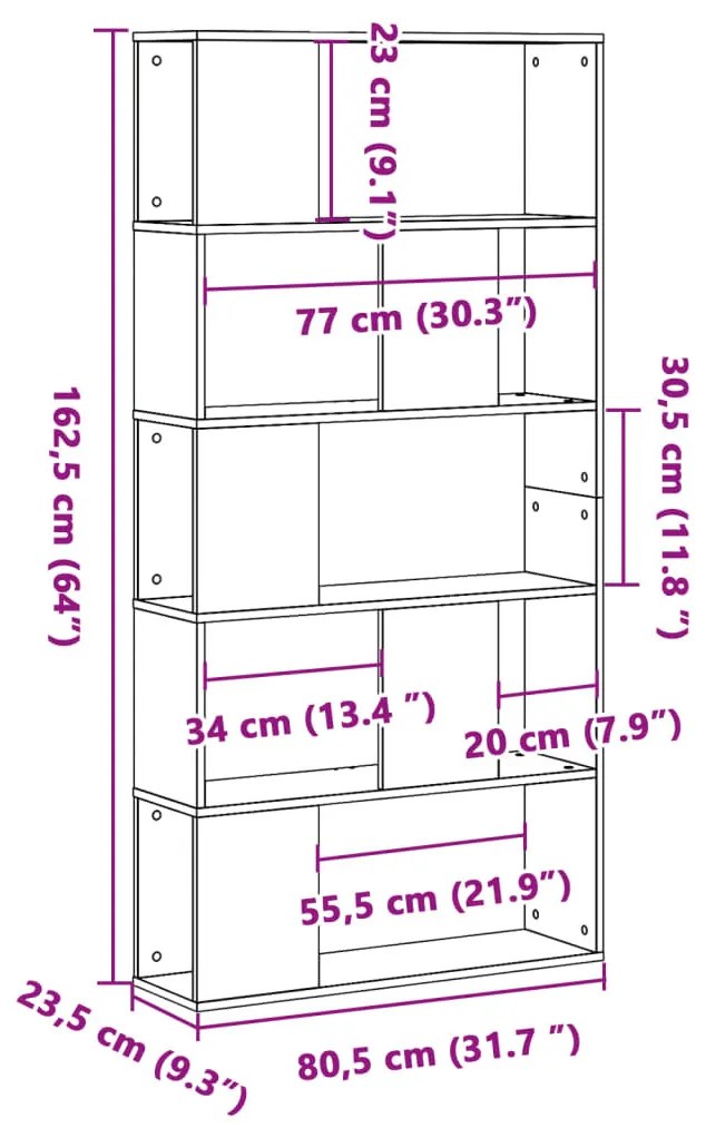 5 szintes antik fa színű fa könyvespolc 80,5 x 23,5 x 162,5 cm
