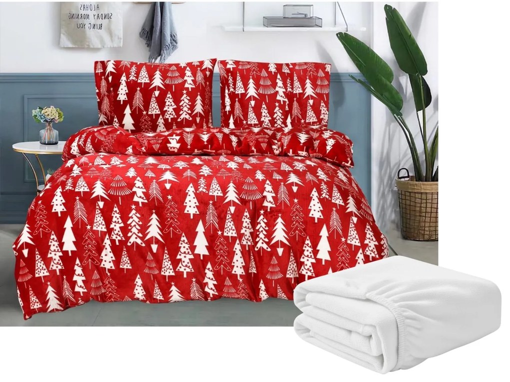 Mikroplüss ágynemű szett CHRISTMAS TREES piros + Mikroplüss lepedő SOFT 180x200 cm fehér, franciaágy