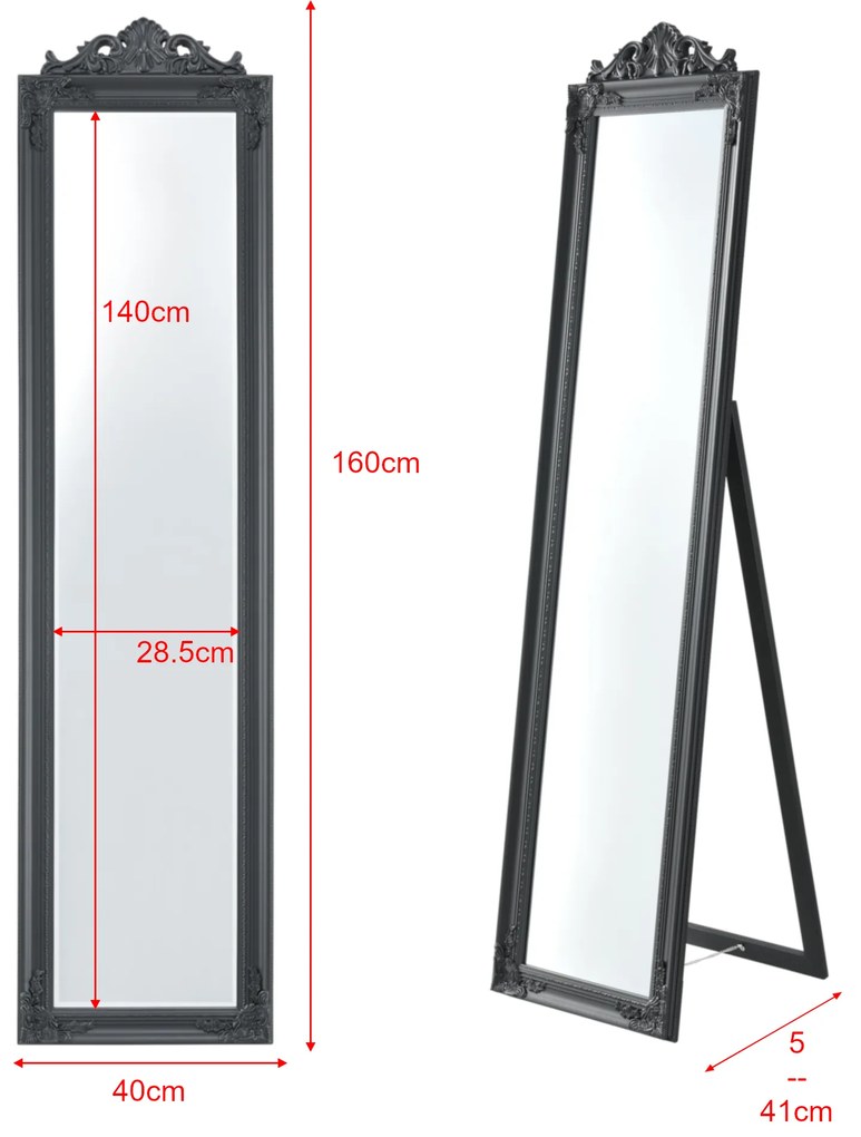 Állótükör 160x40 cm állítható dönthető barokk stílusú keret sötétszürke [en.casa]