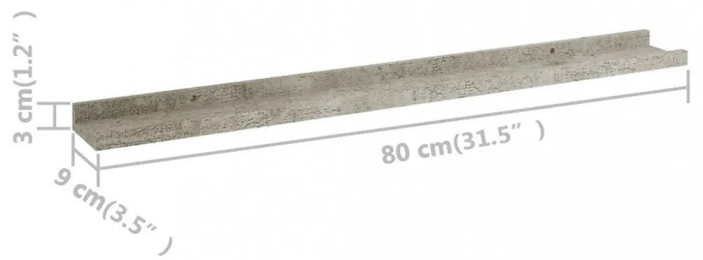 2 db betonszürke fali polc 80 x 9 x 3 cm