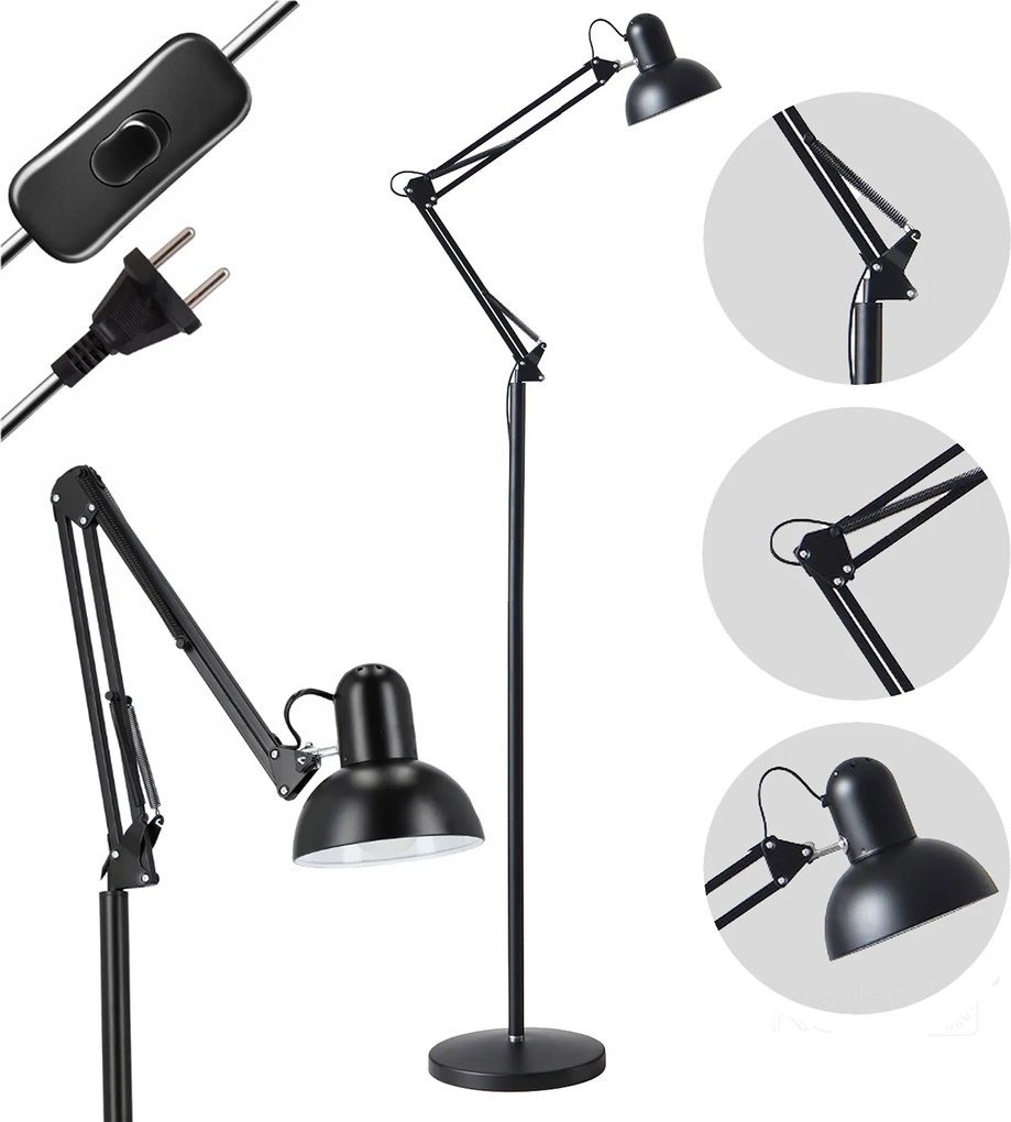 Álló Padló Lámpa Állvány E27 Állítható Éjjeli Lámpa Fekete