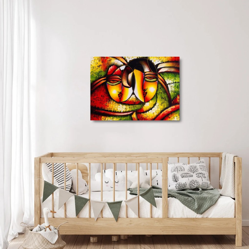 Kép - olajfestmény, absztrakt arcok (üvegen) (70x50 cm)