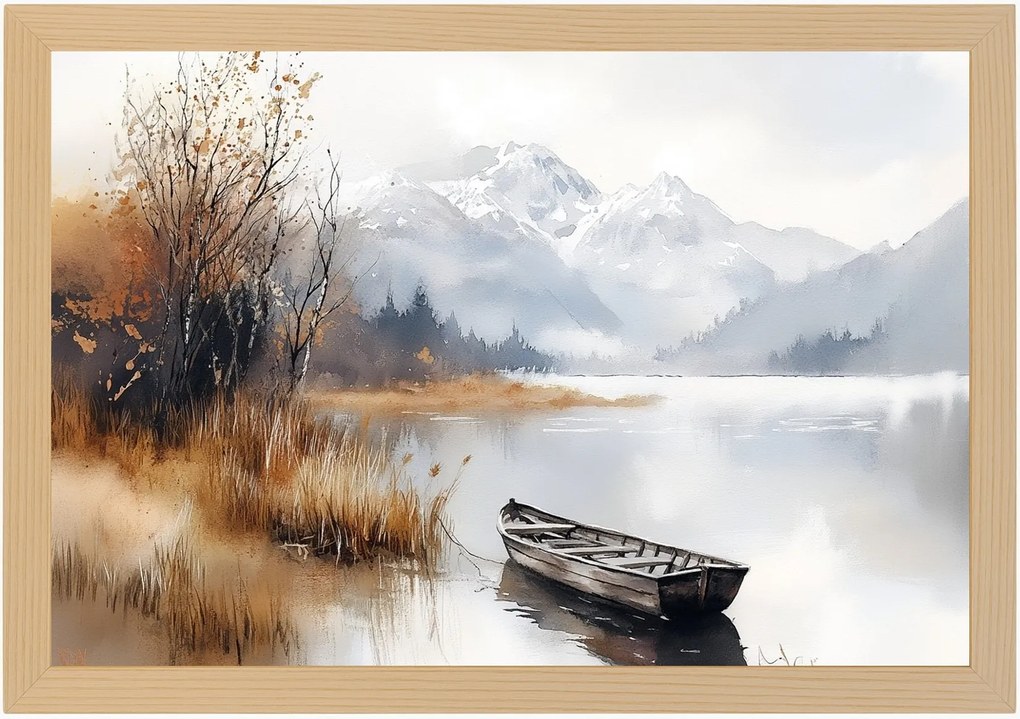 Poszter Keret Fa Tájkép Szabadtéri Hegyek Tó Csónak Köd Ősz 60x40